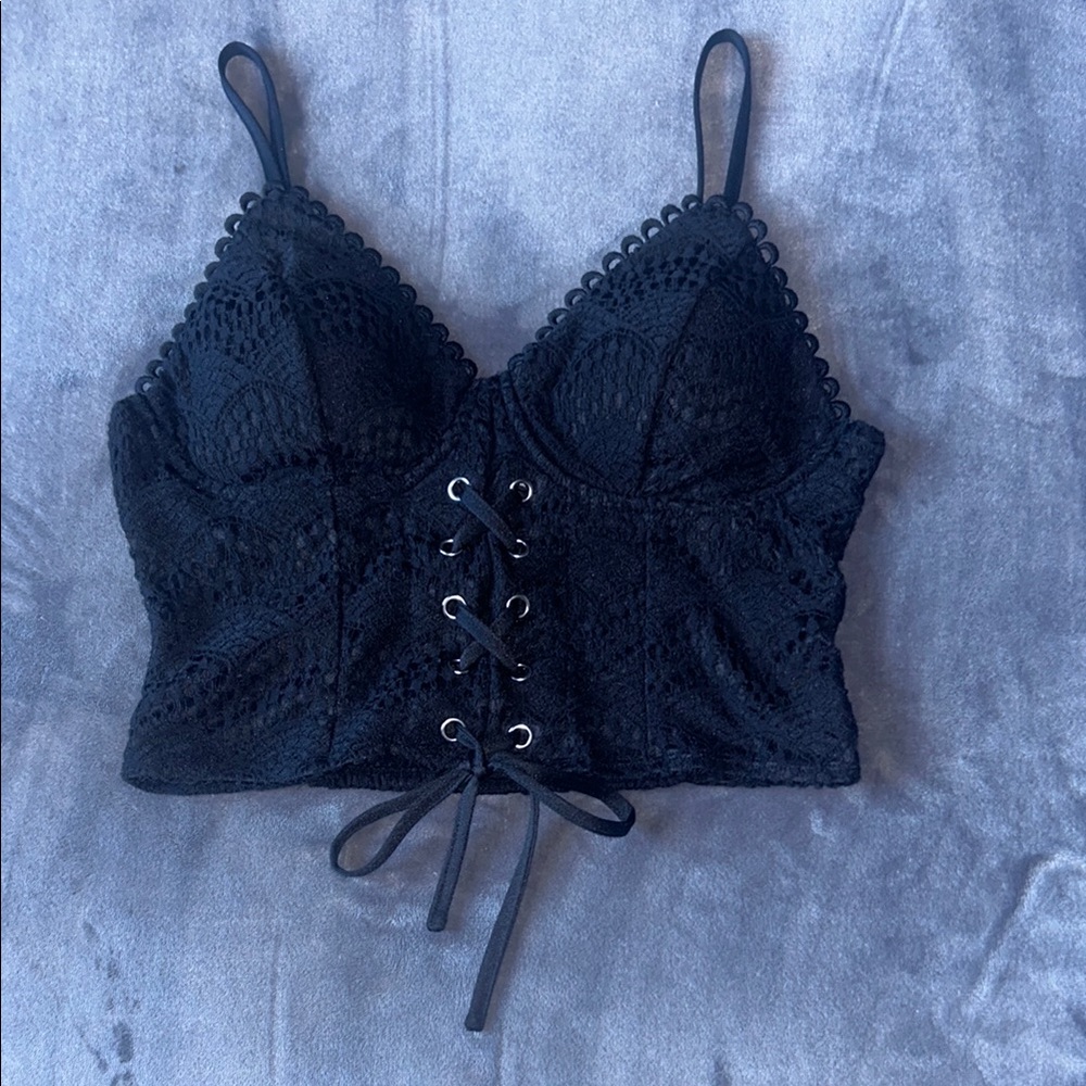Black Lace-Up Crochet Bralette